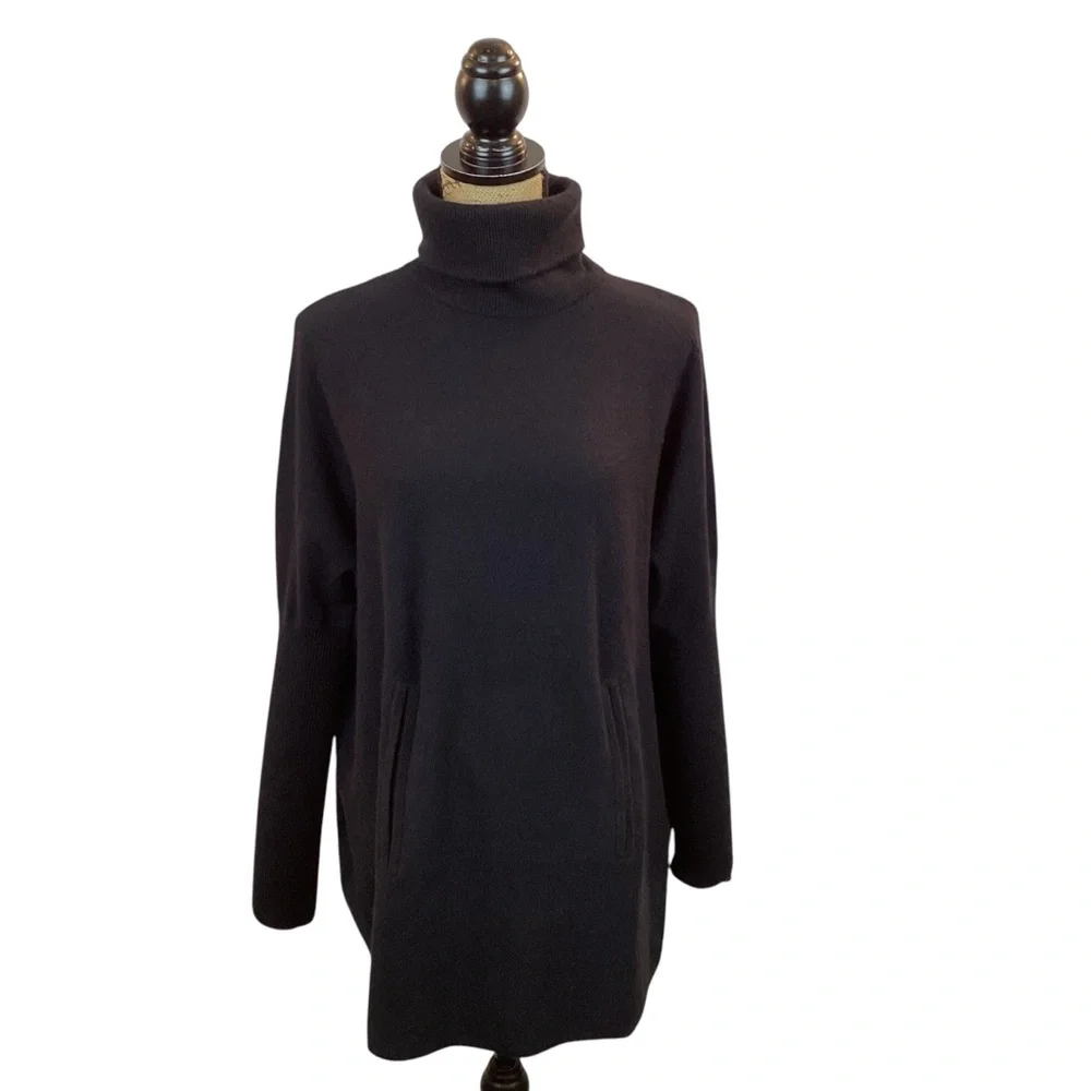 Garnet Hill Cashmere Wool Oversized Turtleneck Sweater Kangaroo Pocket Black - Picture 14 of 15
